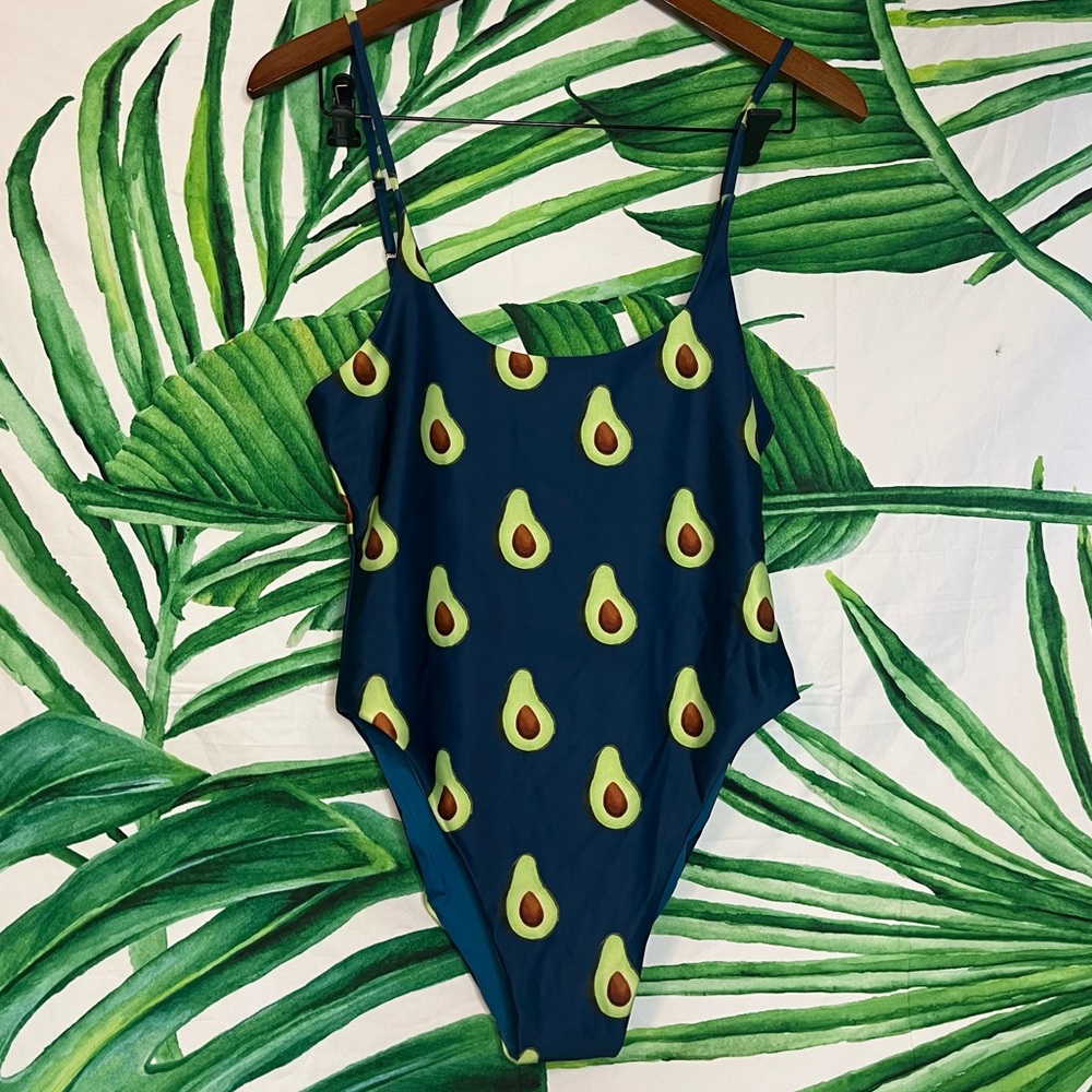 NWT Bermies Medium Teal Blue Green Avocado Print One Piece Beach Travel Swimsuit